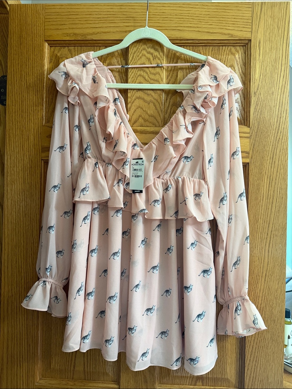 Nordstrom Pink Ruffled V-Neck Tunic with Cat Print